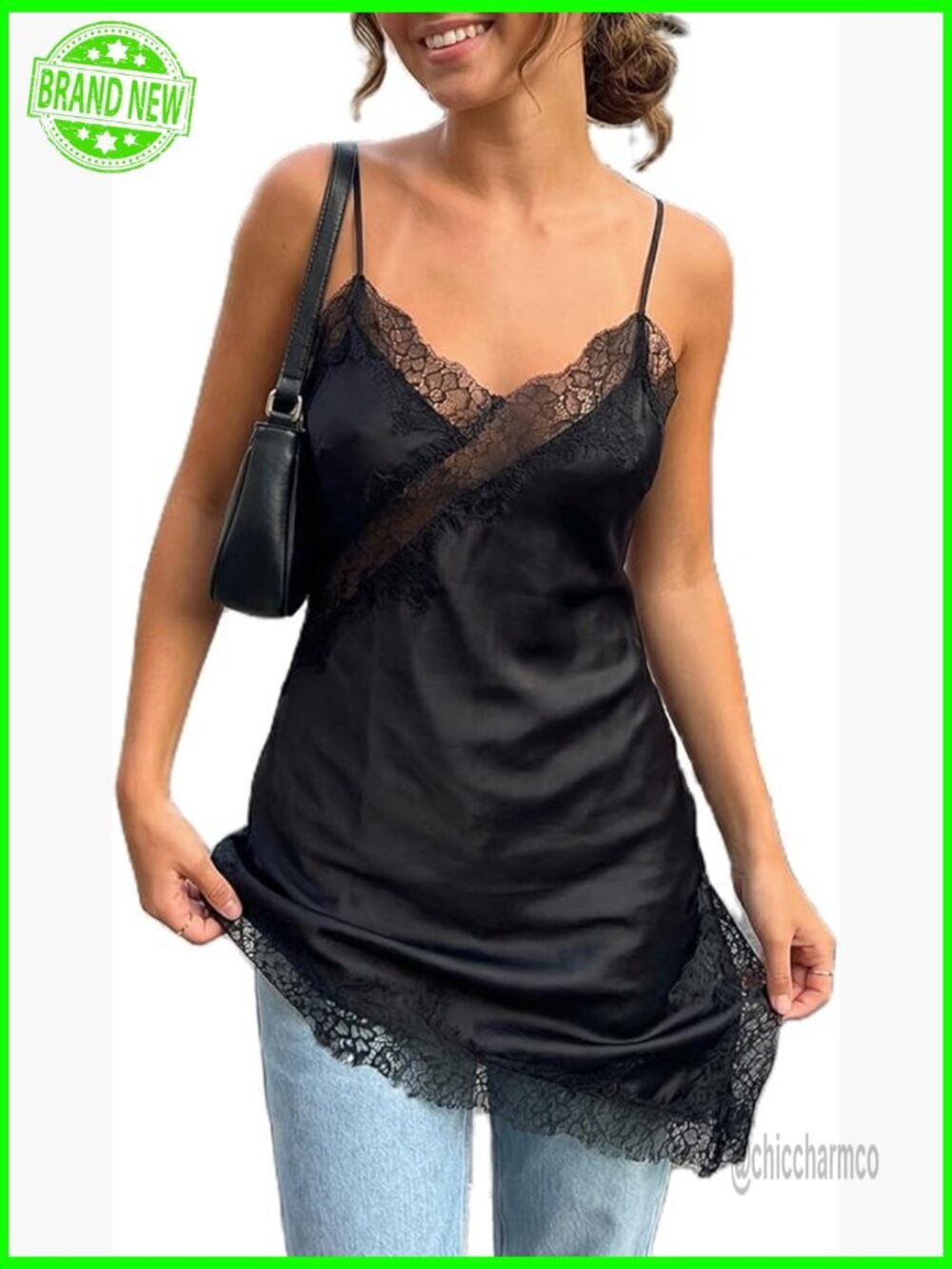 Women's Satin Lace Cami Top Silk V Neck Spaghetti Strap Asymmetrical Hem Flowy